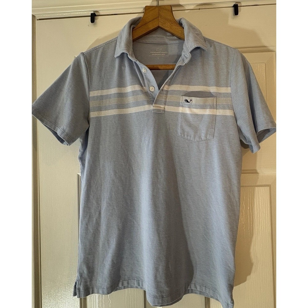 Vineyard Vines Edgartown Golf Polo Boys L sz 16 Blue/White Striped Whale Logo